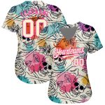 Personalized 3D Flower Skull Baseball Jersey in Cream Pink-Black Fashion Style Personalized Cream Pink-Black 3D Flower And