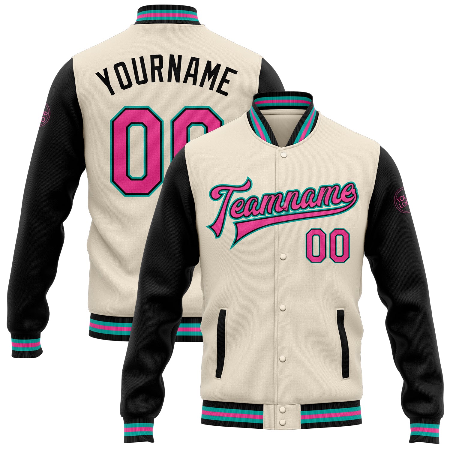 Custom Team Name and Number Bomber Jacket - Personalized Cream Pink Black-Aqua Varsity Full-Snap Letterman Two Tone Personalized