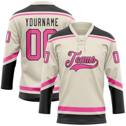 Custom Name and Number Personalized Pink and Black Hockey Lace Neck Jersey Team Personalized Cream Pink-Black Hockey Lace