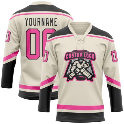 Custom Name and Number Personalized Pink and Black Hockey Lace Neck Jersey Team Personalized Cream Pink-Black Hockey Lace