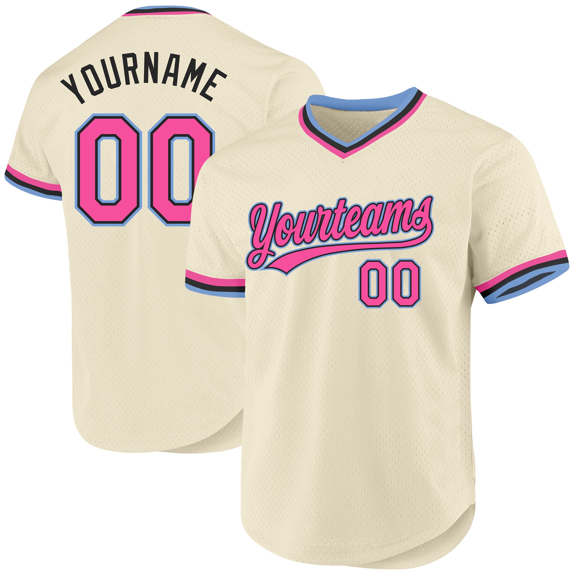 Custom Personalized Baseball Jersey with Name and Number - Cream Pink Black Light Blue Authentic Throwback Design Personalized