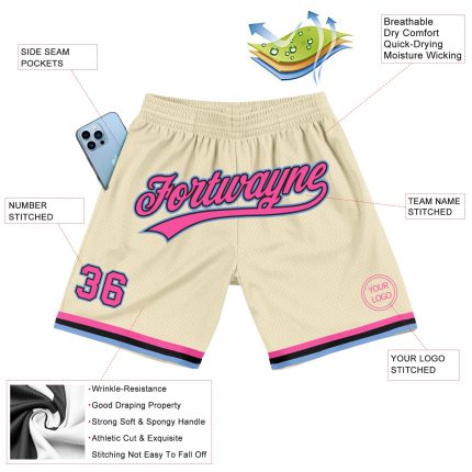 Custom Name Number Black Cream Pink Light Blue Basketball Shorts - Personalized Authentic Throwback Design Personalized Cream