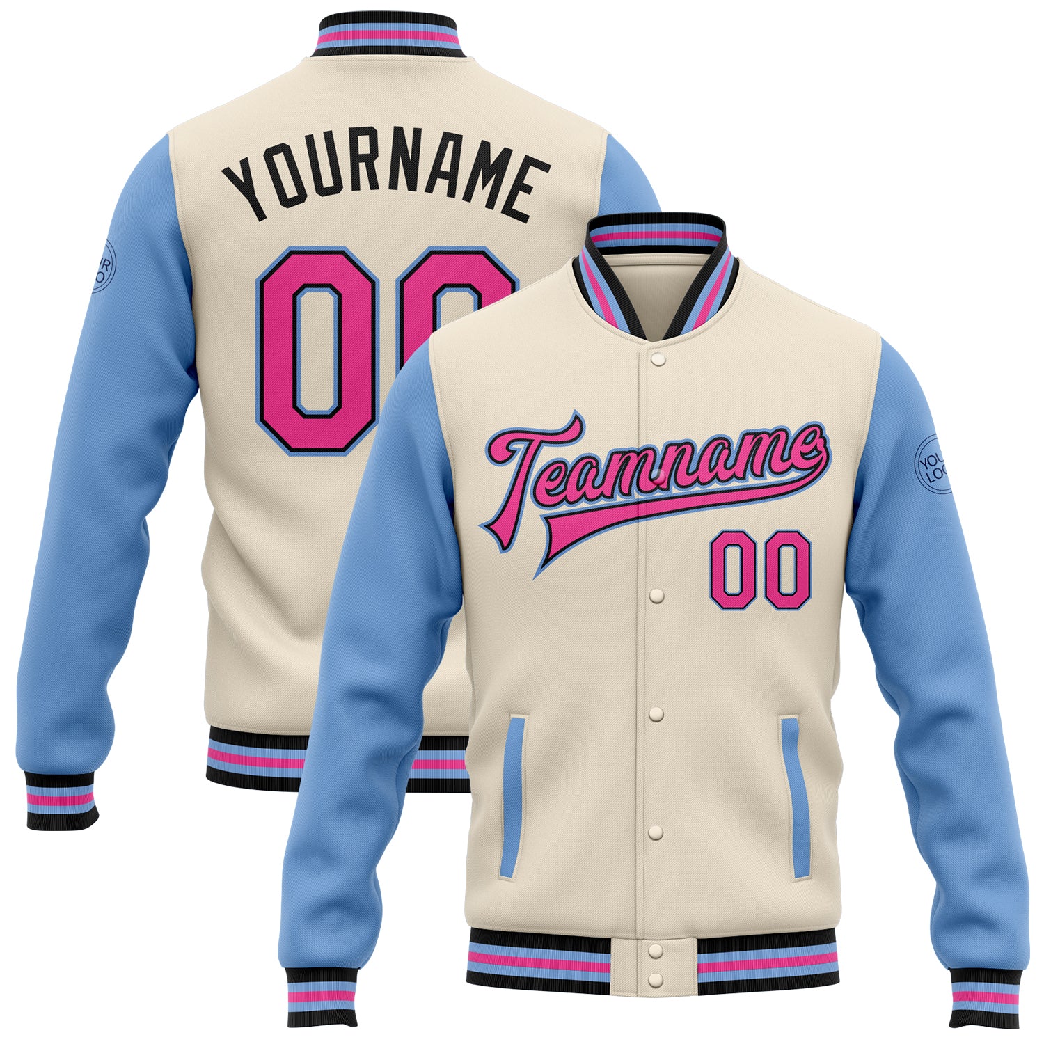 Personalized Two Tone Varsity Jacket Cream Pink Black Light Blue Full-Snap Bomber 2 Personalized Cream Pink Black-Light Blue