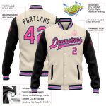 Custom Two-Tone Varsity Letterman Jacket in Cream, Pink, Black, and Light Blue - Full-Snap Bomber Style Personalized Cream