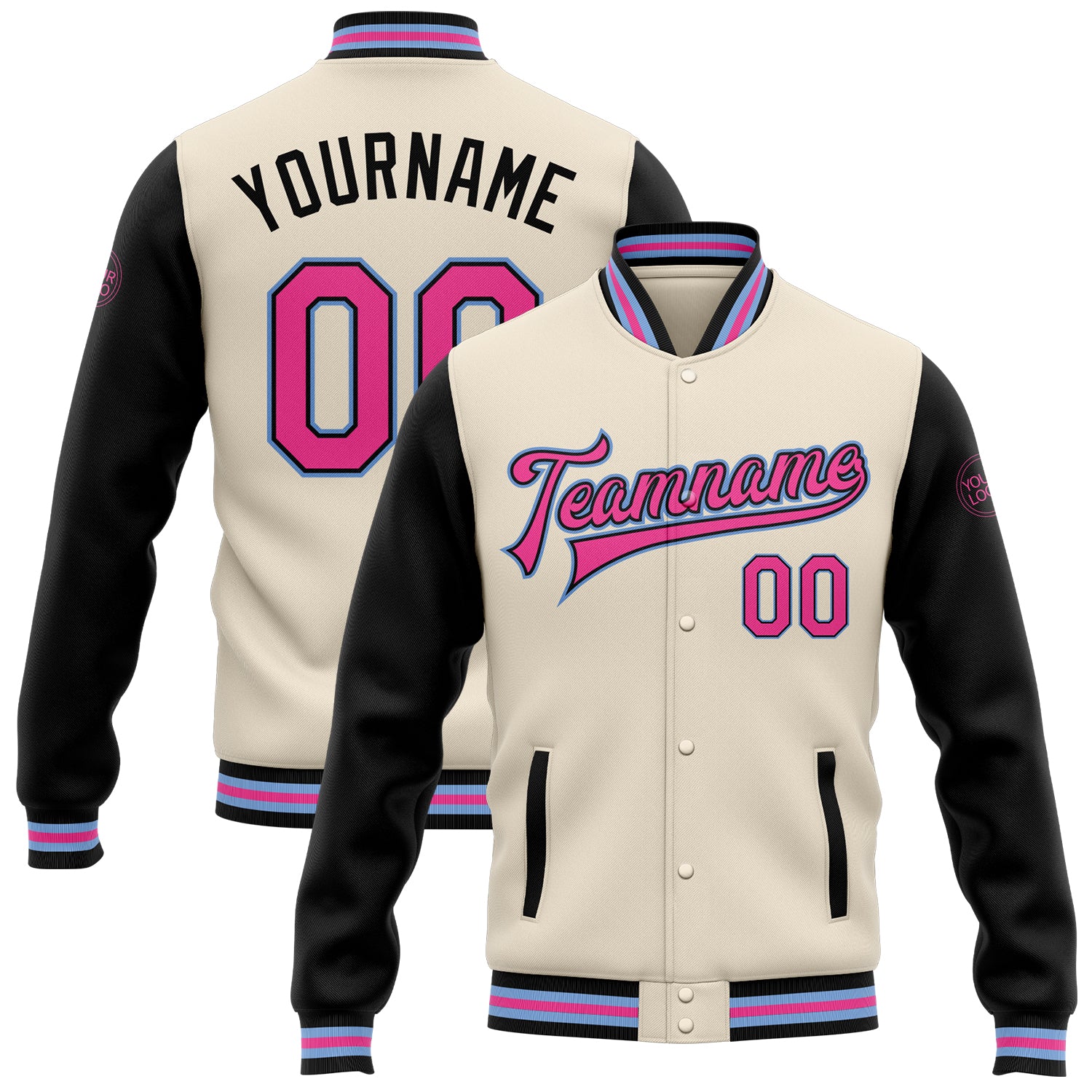 Custom Two Tone Varsity Letterman Jacket with Name and Number in Cream Pink Black Light Blue Bomber Style Personalized Cream