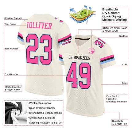 Personalized Football Jersey in Cream Pink Black and Light Blue Mesh Personalized Cream Pink Black-Light Blue Mesh Football