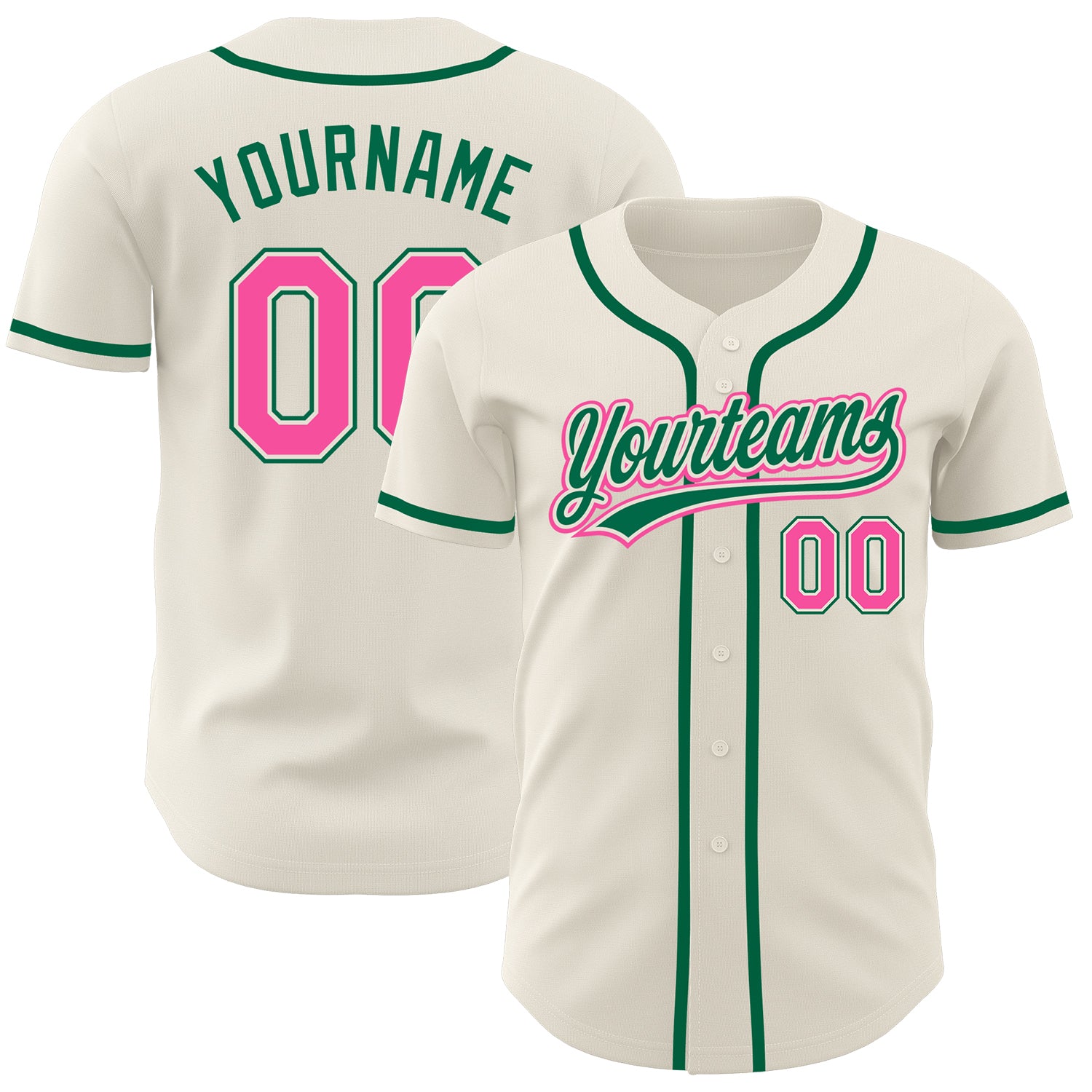 Custom Name and Number Personalized Baseball Jersey in Cream Pink and Kelly Green, Authentic Team Jersey Personalized Cream