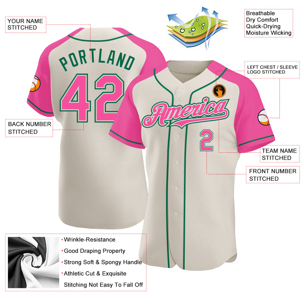 Personalized Cream Pink-Kelly Green Authentic Raglan Sleeves Baseball Jersey Team Custom Name and Number Personalized Baseball Jersey with Custom Name and Number in Cream Pink-Kelly Green Raglan Sleeves Personalized Cream Pink-Kelly - Image 3