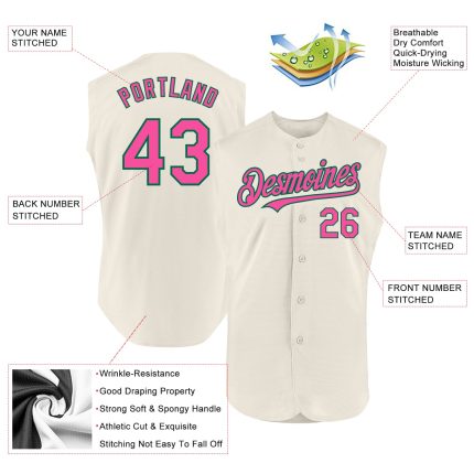 Custom Name and Number Personalized Baseball Jersey Cream Pink Kelly Green Sleeveless Authentic Personalized Cream Pink-Kelly
