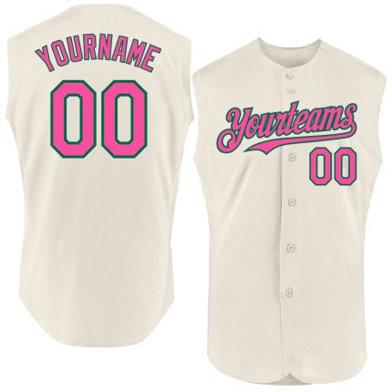 Custom Name and Number Personalized Baseball Jersey Cream Pink Kelly Green Sleeveless Authentic Personalized Cream Pink-Kelly