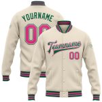 Personalized Pink Green Varsity Jacket Full-Snap Bomber Letterman Coat Personalized Cream Pink-Kelly Green Bomber Full-Snap