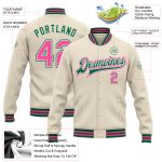 Custom Personalized Varsity Letterman Jacket with Name & Number in Cream Pink and Kelly Green - Full-Snap Bomber Style Personalized
