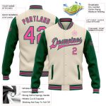 Personalized Two Tone Bomber Varsity Letterman Jacket Cream Pink Kelly Green Personalized Cream Pink-Kelly Green Bomber Full-Snap