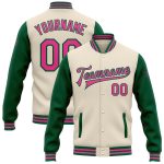 Custom Name and Number Two-Tone Bomber Varsity Jacket in Cream Pink and Kelly Green - Full-Snap Letterman Style Personalized