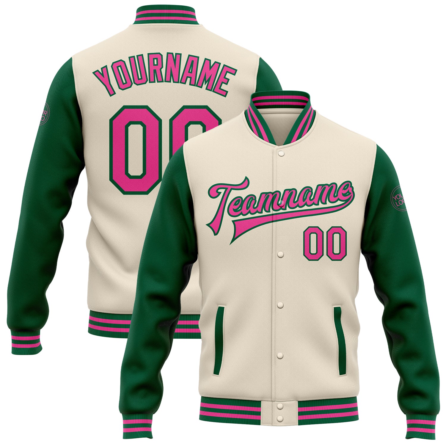 Custom Name and Number Two-Tone Bomber Varsity Jacket in Cream Pink and Kelly Green - Full-Snap Letterman Style Personalized