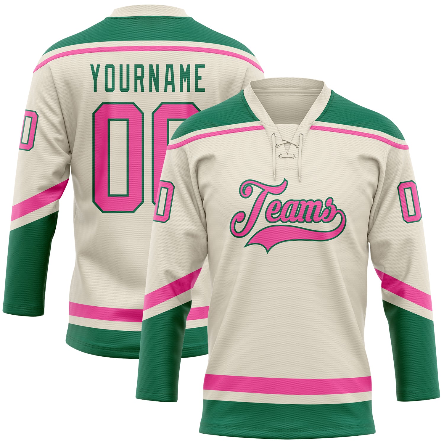Custom Name and Number Personalized Hockey Jersey in Cream Pink and Kelly Green Lace Neck Personalized Cream Pink-Kelly Green