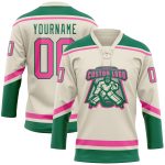 Custom Name and Number Personalized Hockey Jersey in Cream Pink and Kelly Green Lace Neck Personalized Cream Pink-Kelly Green