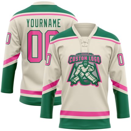 Custom Name and Number Personalized Hockey Jersey in Cream Pink and Kelly Green Lace Neck Personalized Cream Pink-Kelly Green