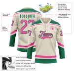 Custom Name and Number Personalized Hockey Jersey in Cream Pink and Kelly Green Lace Neck Personalized Cream Pink-Kelly Green