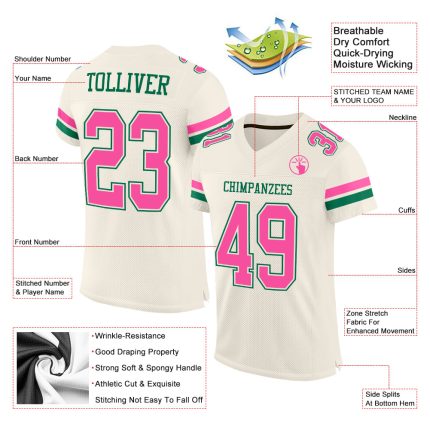 Personalized Cream Pink Kelly Green Mesh Football Jersey for Men and Women Personalized Cream Pink-Kelly Green Mesh Football