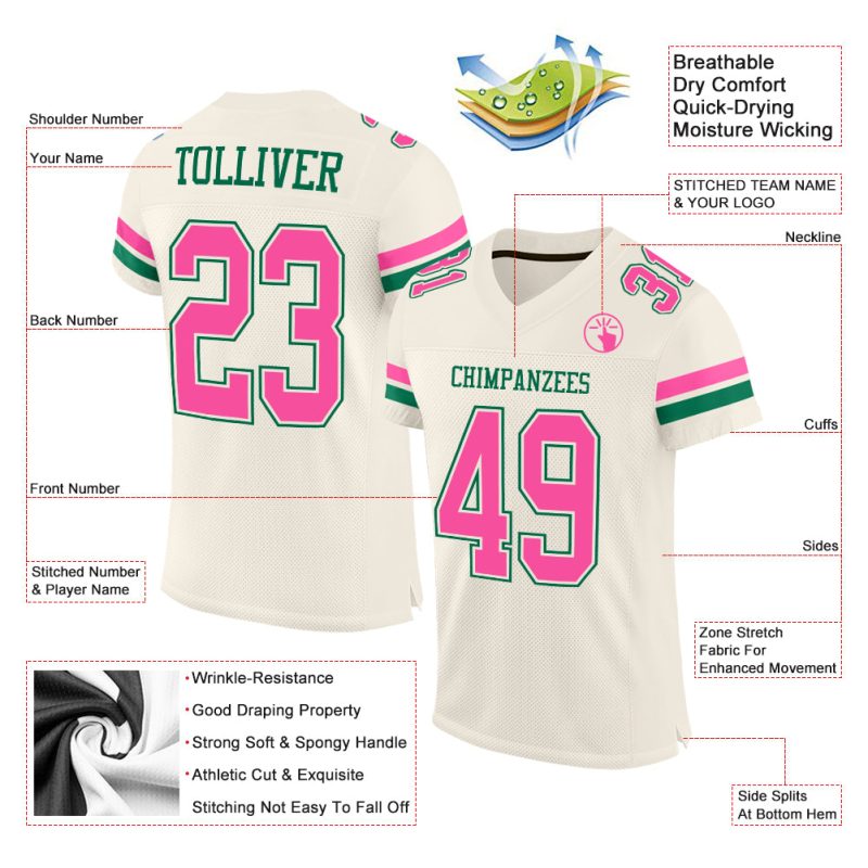 Personalized Cream Pink Kelly Green Mesh Football Jersey for Men and Women Personalized Cream Pink-Kelly Green Mesh Football