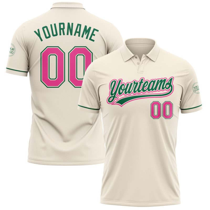 Personalized Pink and Green Vapor Performance Golf Polo Shirt Personalized Cream Pink-Kelly Green Performance Vapor Golf