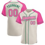 Custom Cream Pink Kelly Green Baseball Jersey with Raglan Sleeves Personalized Cream Pink-Kelly Green Raglan Sleeves Baseball