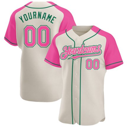 Custom Cream Pink Kelly Green Baseball Jersey with Raglan Sleeves Personalized Cream Pink-Kelly Green Raglan Sleeves Baseball