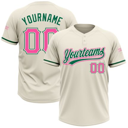 Custom Softball Jersey with Name and Number - Personalized Unisex Two-Button in Cream Pink and Kelly Green Personalized Cream