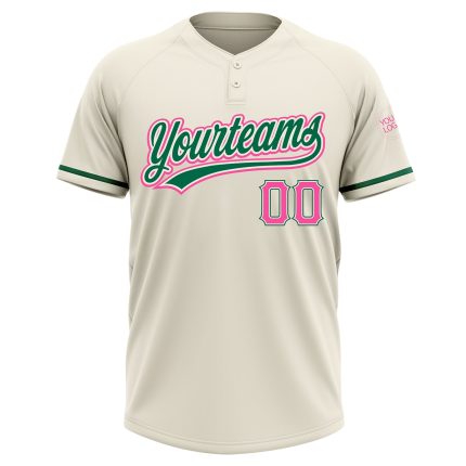 Custom Softball Jersey with Name and Number - Personalized Unisex Two-Button in Cream Pink and Kelly Green Personalized Cream