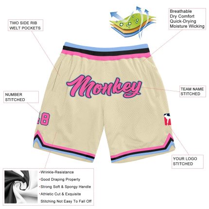 Personalized Pink Light Blue Basketball Shorts for Men and Women - Throwback Style Personalized Cream Pink-Light Blue Throwback