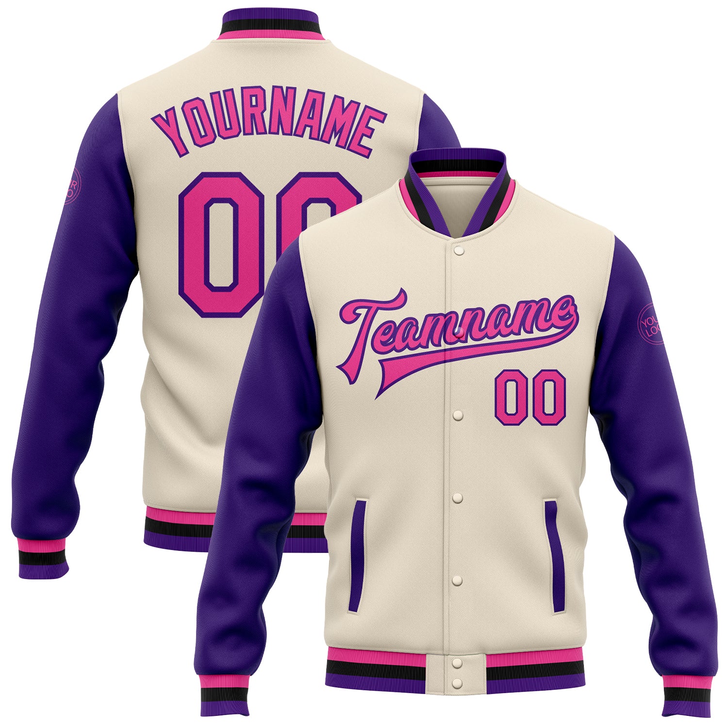 Custom Name and Number Two Tone Bomber Varsity Letterman Jacket - Personalized Cream Pink Purple Black Full-Snap Design Personalized