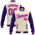 Personalized Two Tone Bomber Jacket Cream Pink Purple Black Full-Snap Varsity Letterman Personalized Cream Pink Purple-Black
