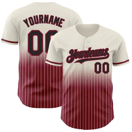 Black-Crimson Fade Personalized Fashion Baseball Jersey in Cream Pinstripe Personalized Cream Pinstripe Black-Crimson Fade