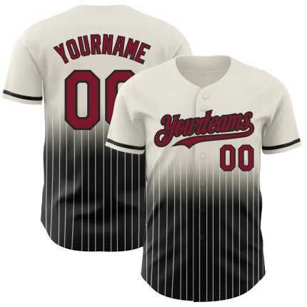 Personalized Cream Pinstripe Baseball Jersey with Crimson-Black Fade Design Personalized Cream Pinstripe Crimson-Black Fade