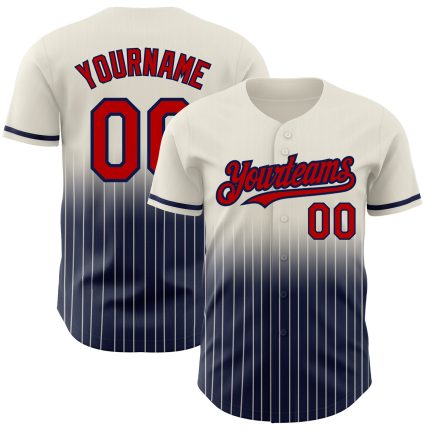 Personalized Red-Navy Fade Baseball Jersey with Cream Pinstripe Design Personalized Cream Pinstripe Red-Navy Fade Fashion