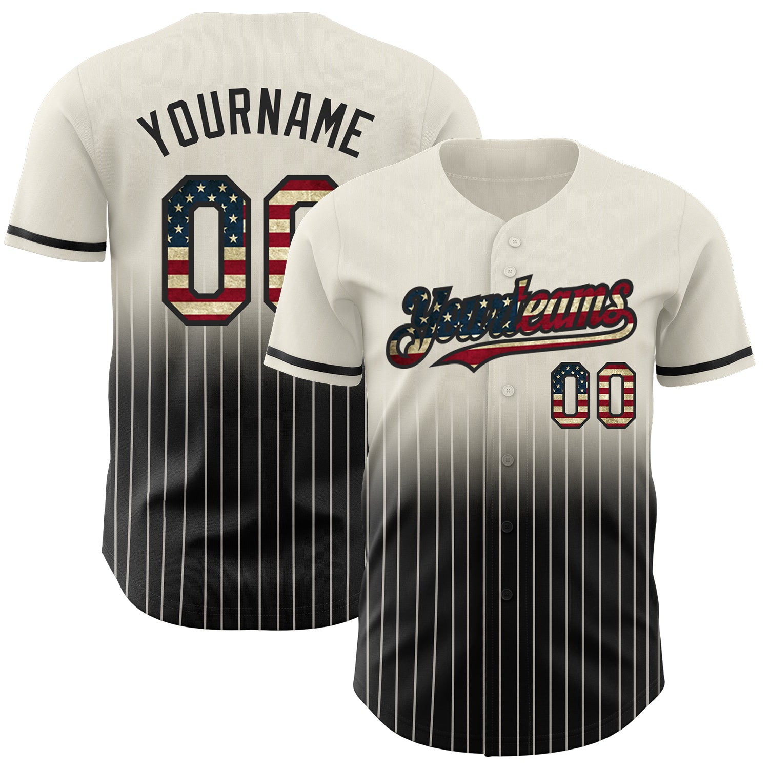 Custom Name Number Vintage USA Flag Baseball Jersey - Personalized Cream Pinstripe Black Authentic Fade Team Apparel Personalized