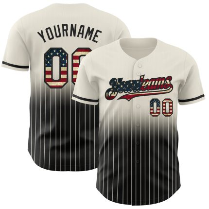 Personalized Vintage USA Flag Baseball Jersey - Black Fade Cream Pinstripe Fashion Personalized Cream Pinstripe Vintage USA