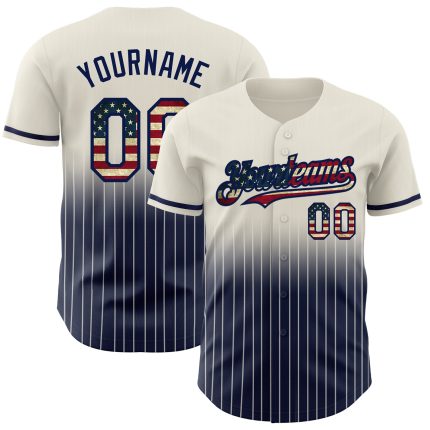 Personalized Vintage USA Flag Navy Fade Baseball Jersey Cream Pinstripe Design Personalized Cream Pinstripe Vintage USA Flag-Navy