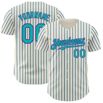 Custom Aqua-Purple Baseball Jersey with Personalized Name & Number - Purple Aqua Pinstripe Design Personalized Cream (Purple