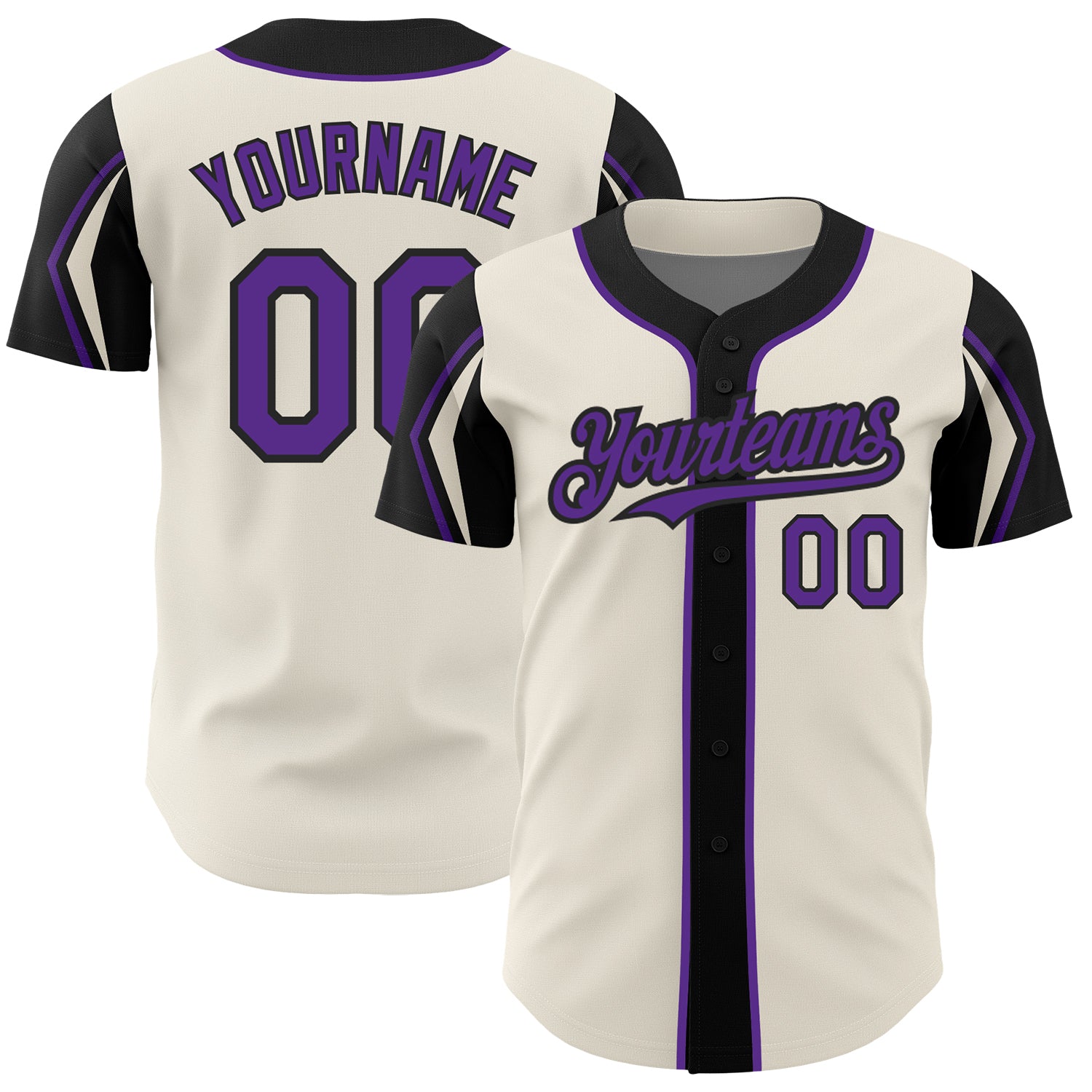 Custom Name and Number Baseball Jersey in Personalized Cream Purple-Black, 3 Color Arm Shapes, Authentic Design Personalized