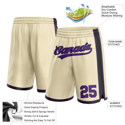 Custom Personalized Basketball Shorts with Team Name and Number - Cream Purple-Black Authentic Design Personalized Cream