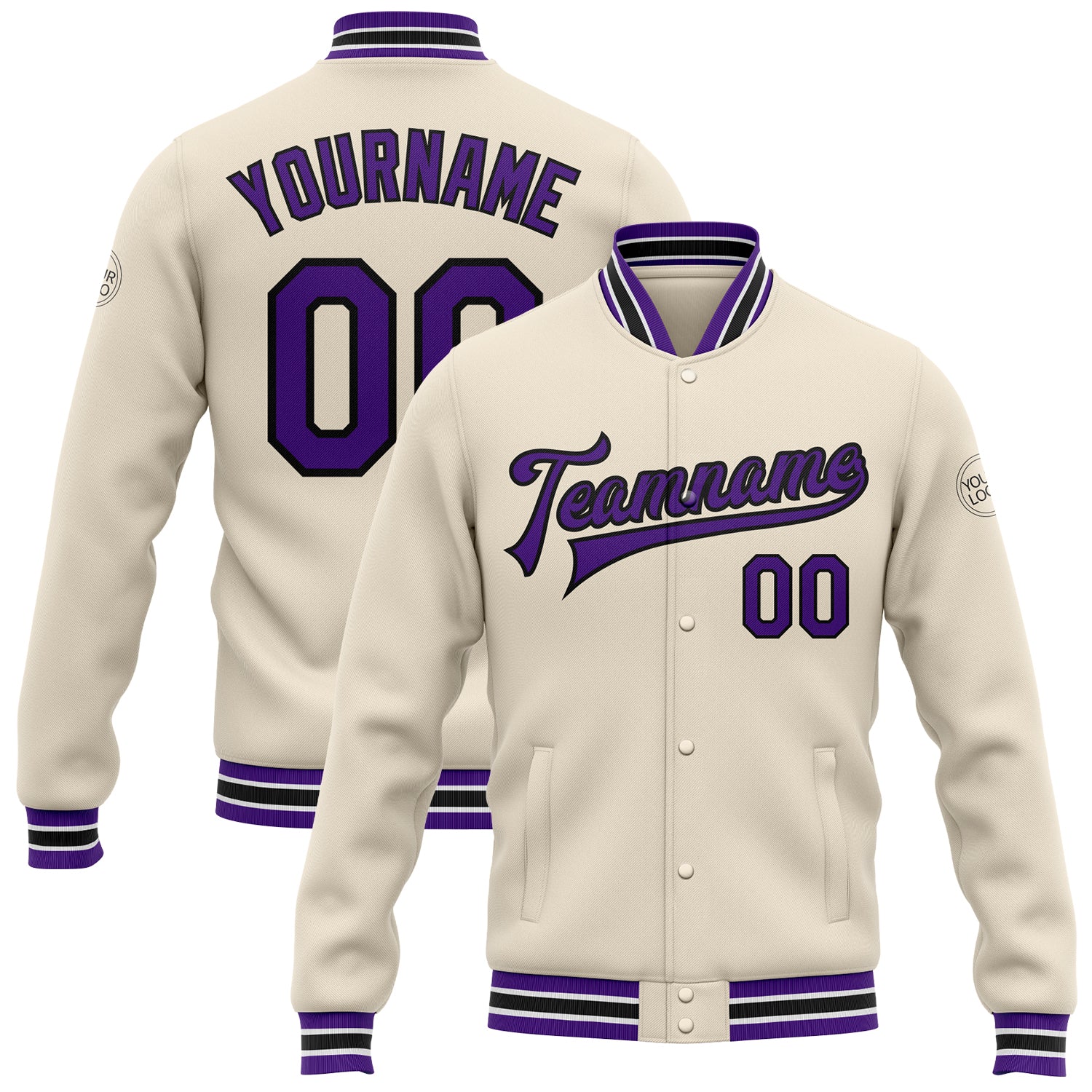 Custom Personalized Varsity Letterman Jacket with Name and Number in Cream, Purple, and Black - Full-Snap Bomber Style Personalized