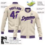 Custom Personalized Varsity Letterman Jacket with Name and Number in Cream, Purple, and Black - Full-Snap Bomber Style Personalized