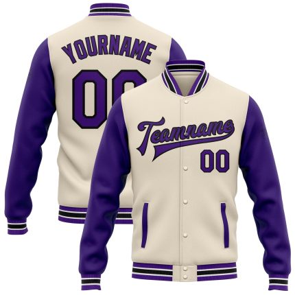 Personalized Two Tone Varsity Jacket - Cream Purple Black Bomber Full-Snap Letterman Coat Personalized Cream Purple-Black
