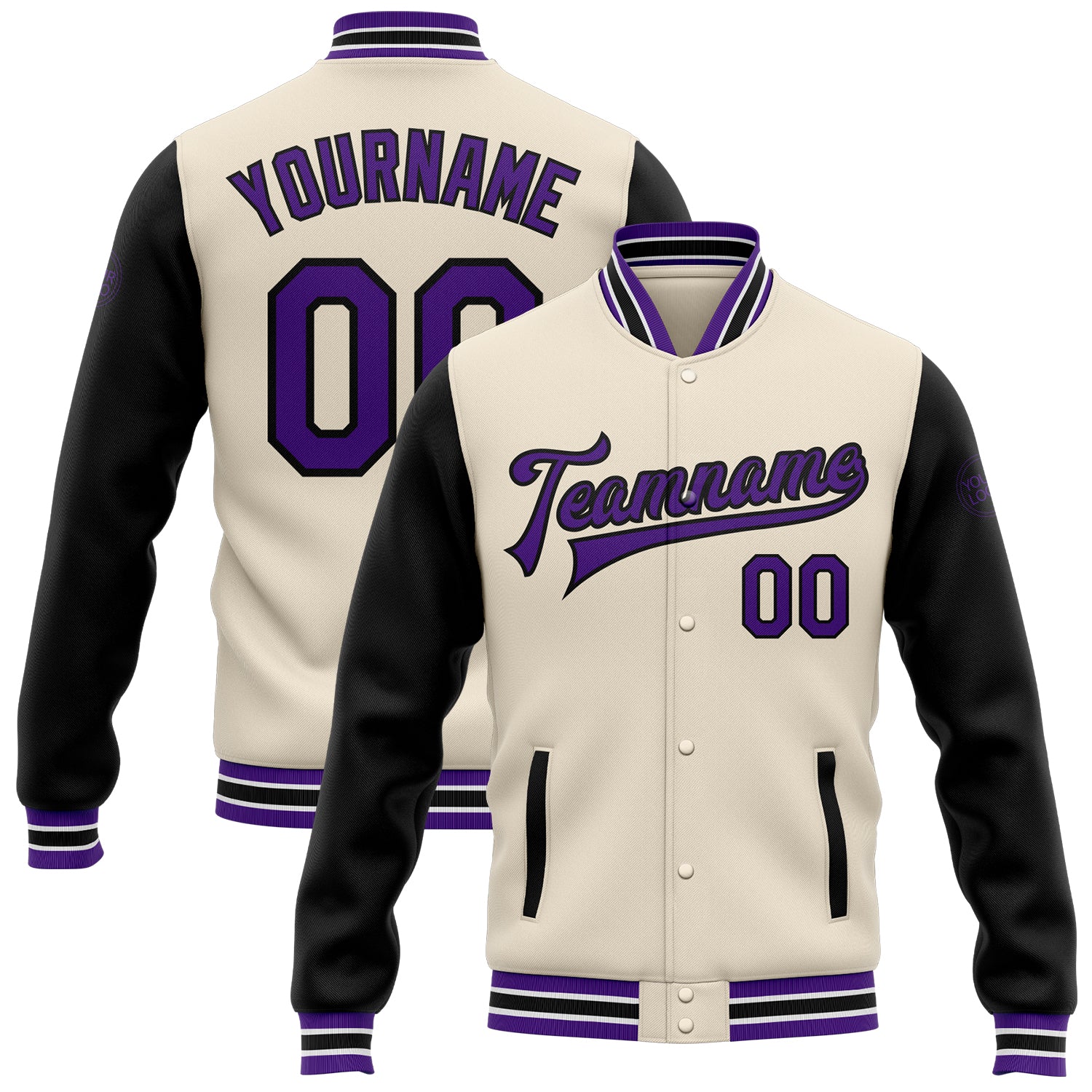 Custom Varsity Letterman Jacket with Personalized Name & Number - Cream Purple-Black Bomber Full-Snap Design Personalized