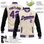Custom Varsity Letterman Jacket with Personalized Name & Number - Cream Purple-Black Bomber Full-Snap Design Personalized