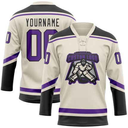 Personalized Purple Black Hockey Jersey with Lace Neck Design Personalized Cream Purple-Black Hockey Lace Neck Jersey