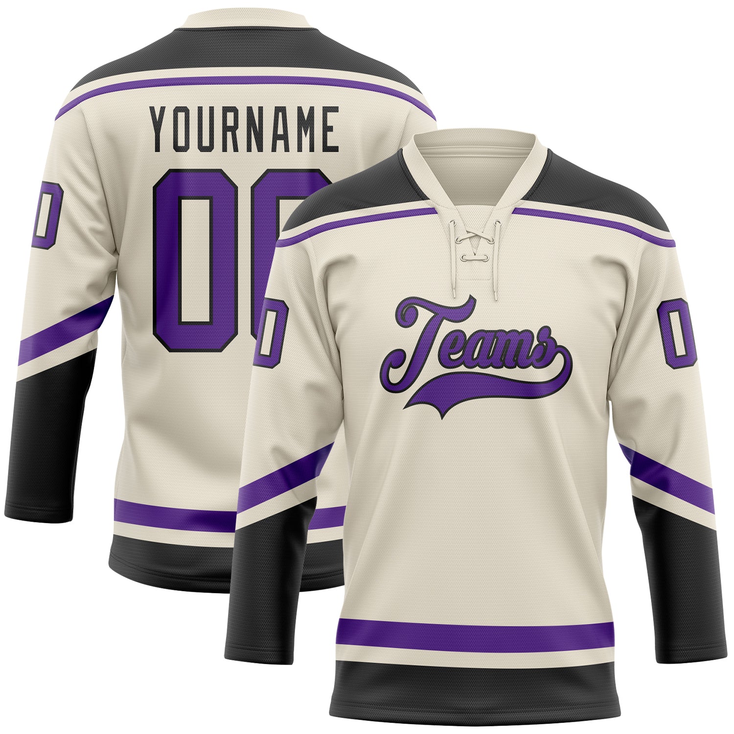 Custom Name and Number Personalized Hockey Jersey - Cream Purple-Black Lace Neck Team Jersey Personalized Cream Purple-Black