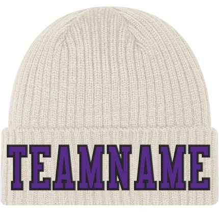 Custom Name and Number Knit Hat - Personalized Purple Black Cuffed Beanie with Stitched Design Personalized Cream Purple-Black